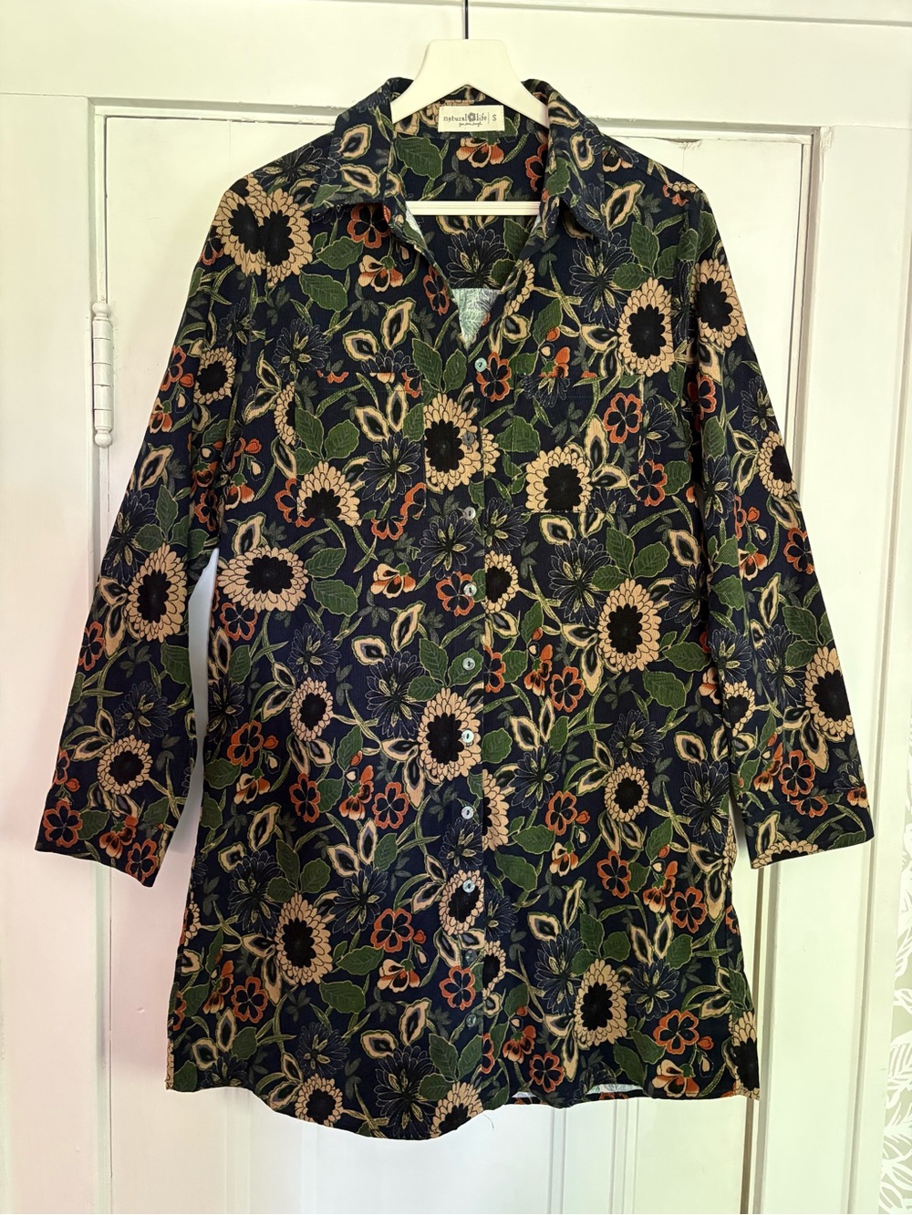 NWOT Natural Life "Rocky" Corduroy Mini Shirt Dress Navy Floral Sunflower Small
